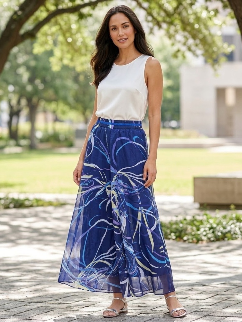 Afibi Skirt Women's Chiffon Lined Size L/xl Maxi Skirt Elastic Waist Blue I